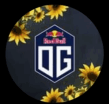 a logo for red bull og with sunflowers in the background