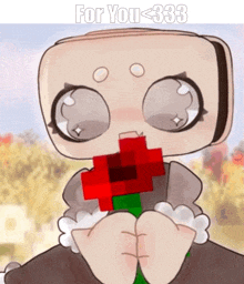 a drawing of a robot holding a red rose with the words for you <333 written above it