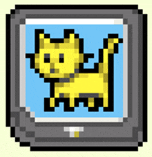 a pixel art of a yellow cat on a blue screen