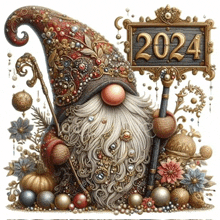 a gnome holding a sign that says 2024 on it