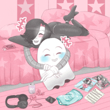 a cartoon drawing of a girl laying on a bed with a ghost sitting on her lap