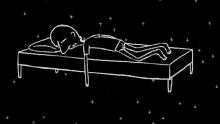 a black and white drawing of a person laying on a bed under a starry sky .