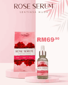 a bottle of rose serum sits next to a box that says rose serum sentiasa muda