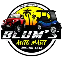 a logo for blum 's auto mart shows a red jeep and a blue golf cart