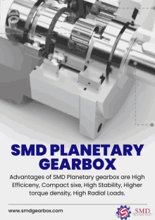 an advertisement for smd planetary gearbox with a picture of it