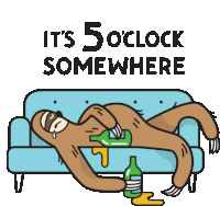 a sloth is laying on a blue couch with a bottle of beer and the words it 's 5 oclock somewhere