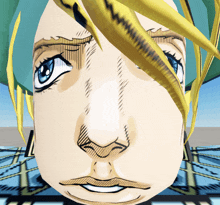 a close up of a cartoon character 's face with blue eyes and yellow hair