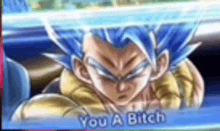 a close up of a dragon ball z character with blue hair and the words `` you a bitch '' .