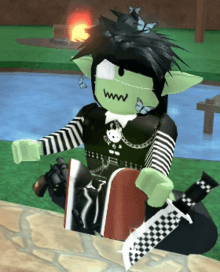 a cartoon character wearing a black and white striped shirt and a black and white checkered knife