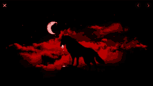 a picture of a wolf howling at the moon with a red background