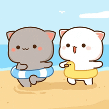 two cartoon cats are walking on the beach one is holding a life preserver