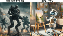 a robot is painting a picture next to a picture of a soldier