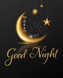 a black background with a gold crescent moon and stars and the words good night