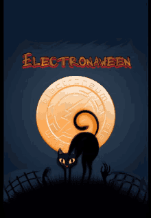 an electronicaween poster with a black cat and a coin