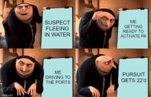 gru from despicable me is holding a clipboard that says suspect fleeing in water and me driving to the ports