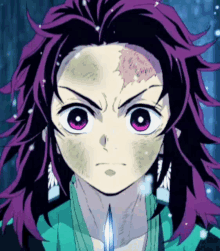 a close up of a anime character with purple hair