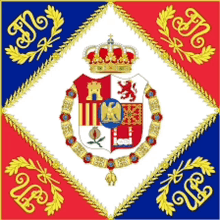 a blue and red flag with a coat of arms and a crown on it