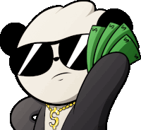 a panda bear wearing sunglasses and a dollar sign necklace holds up a bunch of money