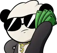 a panda bear wearing sunglasses and a dollar sign necklace holds up a bunch of money