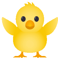 a yellow chicken with orange feet and a black eye