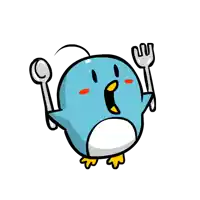 a blue penguin is holding a spoon and fork