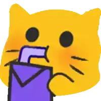 a yellow cat is drinking from a purple cup