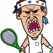 a cartoon of a man holding a tennis racquet with his mouth open