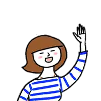 a cartoon of a woman wearing a blue and white striped shirt waving her hand .