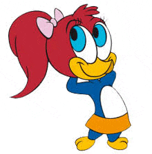 woody woodpecker is a cartoon character with blue eyes and a pink bow in her hair .