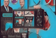 a person is holding a camera that says podcast on the screen