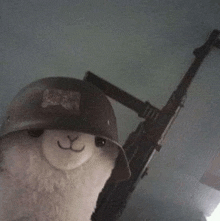 a stuffed animal llama wearing a helmet and holding a gun .