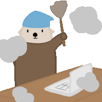 a cartoon illustration of a bear holding a broom in front of a laptop