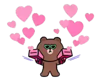 a brown bear wearing heart shaped sunglasses is holding two pink boxes