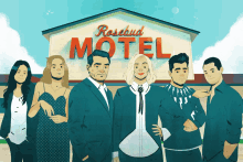 a group of people standing in front of a motel