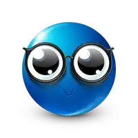 a blue smiley face wearing glasses and a smile