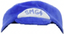 a blue hat with the words smg4 written on it .