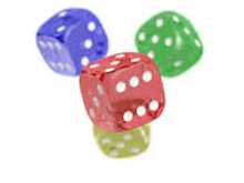 four different colored dice are stacked on top of each other on a white surface .