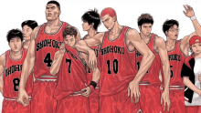 a group of basketball players wearing red uniforms that say ' shoku ' on the front