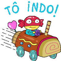 a cartoon character is driving a cake roll with the words to indo written above it