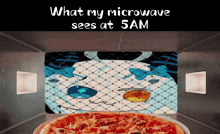 a picture of a pizza in a microwave with the words what my microwave sees at 5am