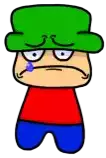 a cartoon character with a green hat and a red shirt is crying .