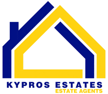 a logo for kypros estates estate agents with a blue and yellow house