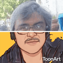 a cartoon of a man with glasses and a mustache has the word toonart on the bottom