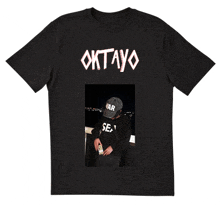 a black t-shirt with oktayo written on the front