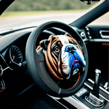 the steering wheel of a car has a picture of a dog on it