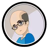 a cartoon drawing of a bald man wearing glasses and a blue shirt