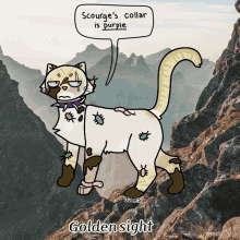 a drawing of a cat with a speech bubble that says ' scourge 's collar is purple '