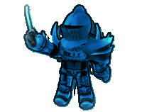 a blue knight is holding a sword in his right hand