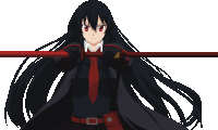 a girl with long black hair and red eyes is holding a red stick