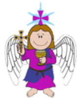 a cartoon angel is holding a cup and a cross